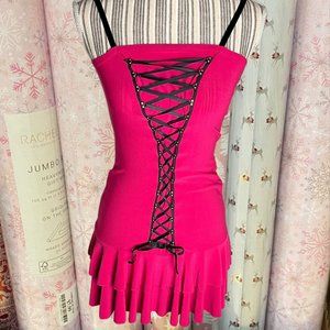 True 90s vintage hot pink and black lace up mini ruffle dress barbiecore vampire